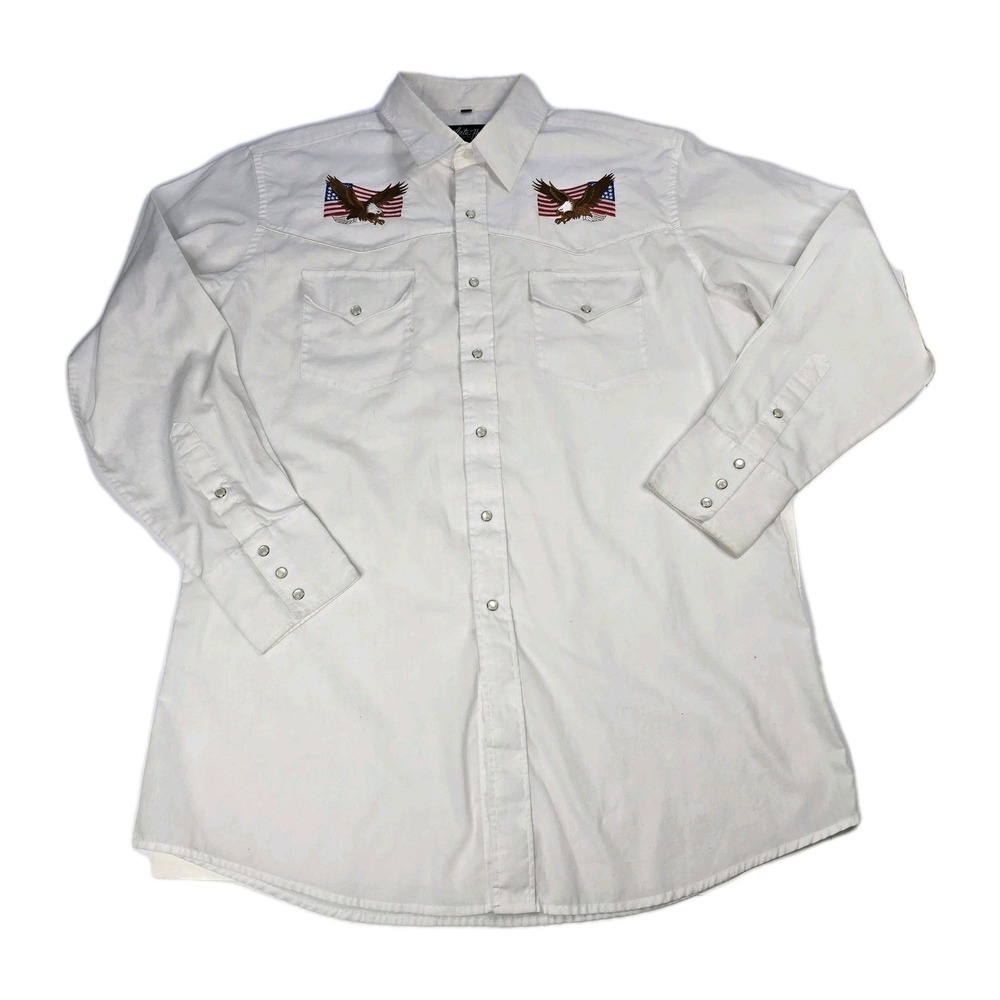 Vtg White Horse Western Shirt Mens Size Large White Eagle Embroidery Pearl Snap
